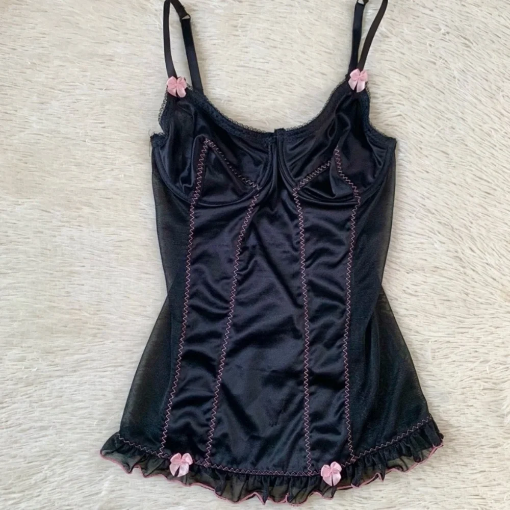 Vintage Y2K Black Satin Corset Style Slip w Pink Trim Set